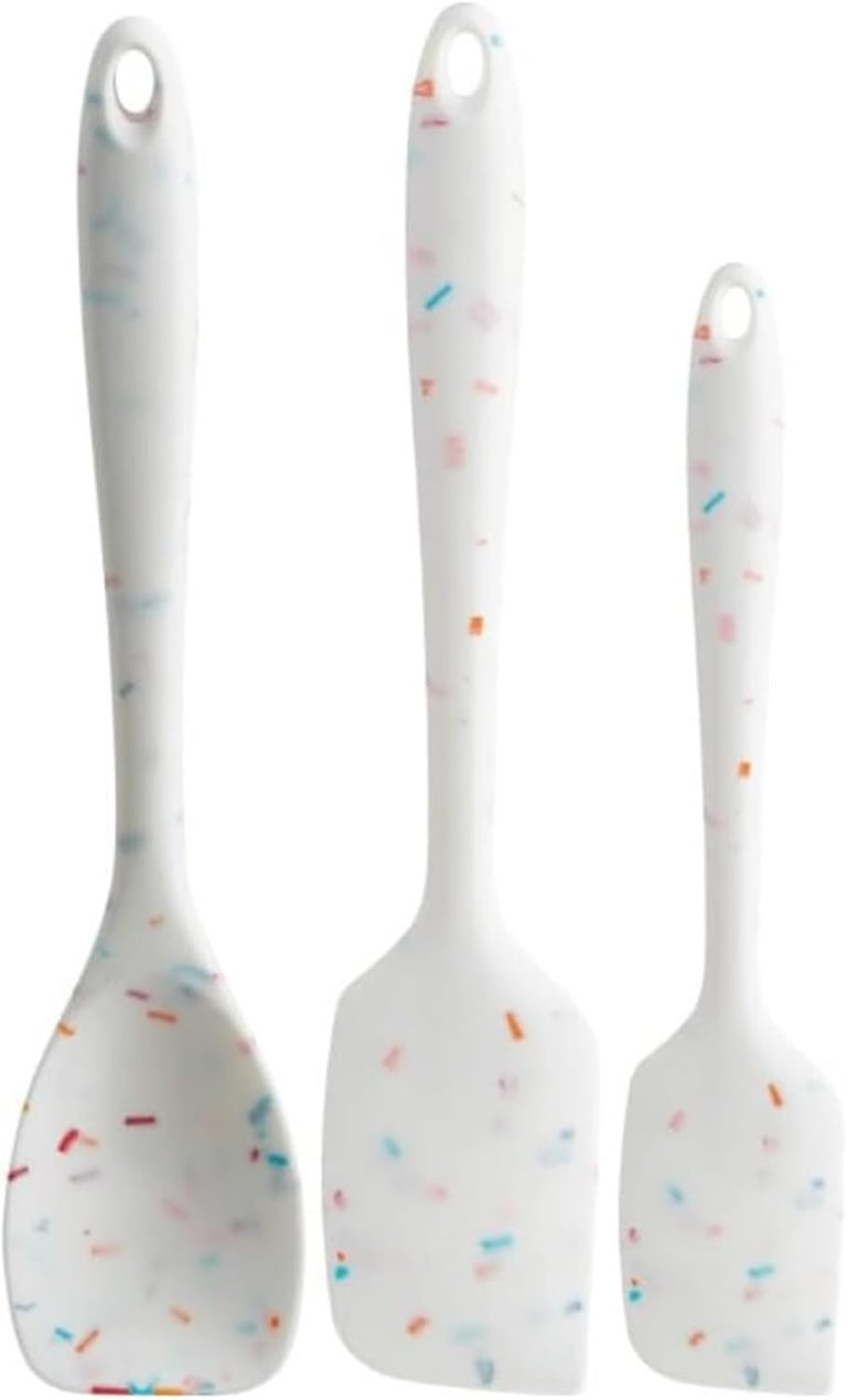 Confetti Silicone Utensil Set – 11" Spatula, 11" Spoonula & 8" Small – Reinforced hybrid flexible silicone, BPA-free, heat resistant to 428°F, ergonomic & dishwasher safe.