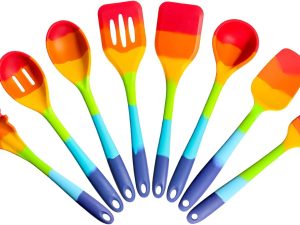 8-Piece Rainbow Silicone Spatula Set for Cooking and Baking, Multicolor Heat-Resistant Cooking Utensils for Nonstick Cookware - Flexible Turner, Spoon, Spatula, Brush, FDA Safe