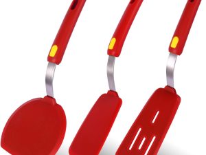 Silicone Spatula  Heat Resistant 600°F 3 Piece Set Non Scratch Flexible Slotted and Solid Thin Rubber Spatula Flipper for Cooking Pancake,Egg,Fish,Burger,Steak for Nonstick Cookware,Red