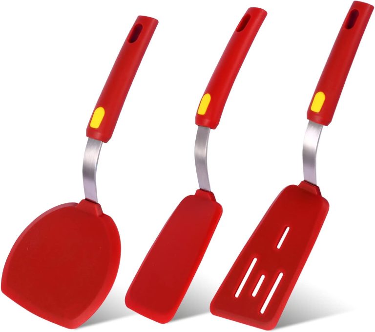 Silicone Spatula  Heat Resistant 600°F 3 Piece Set Non Scratch Flexible Slotted and Solid Thin Rubber Spatula Flipper for Cooking Pancake,Egg,Fish,Burger,Steak for Nonstick Cookware,Red