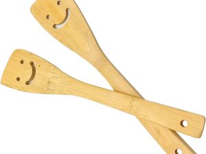 2-Piece 12-Inch Bamboo Smiley Face Wooden Spoons & Spatula Kitchen Cooking Tools for Nonstick Cookware and Wok