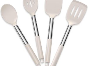 Cooking Utensils Set of 4, Silicone Kitchen Utensils for Non-stick Cookware, Heat Resistant & Non-toxic Slotted Spatula Solid Spoon Turner for Flipping Mixing Serving Basting(Khaki)