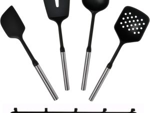Silicone Spatula Set,5-Piece Food Grade Rubber Spatulas with Stainless Steel Magnetic Handle High Heat Nonstick Cookware Resistant BPA Free Cooking Utensils Ideal for Burger Eggs Pancakes(Black)