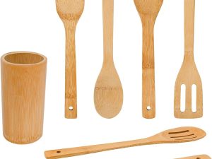 Bamboo Wooden Spoons & Spatulas Set - 6 Pieces Kitchen Cooking Utensils and 1 Holder, Heat Resistant for Non Stick Cookware
